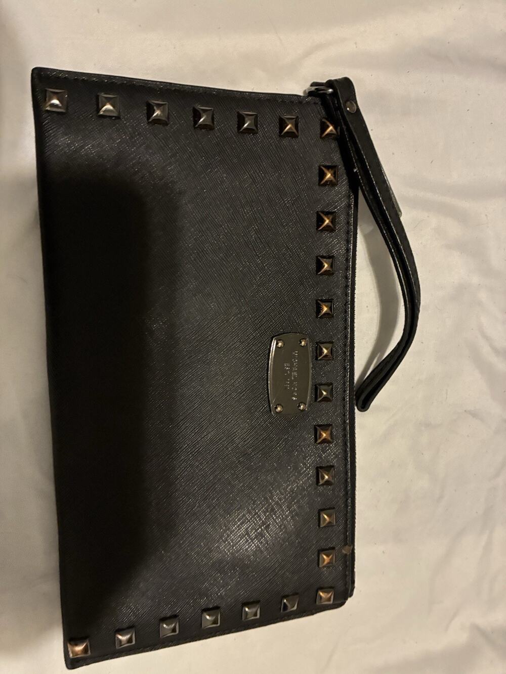 Michael Kors Black Saffiano Leather Gold Studded Top Zip Clutch 11" x 7"